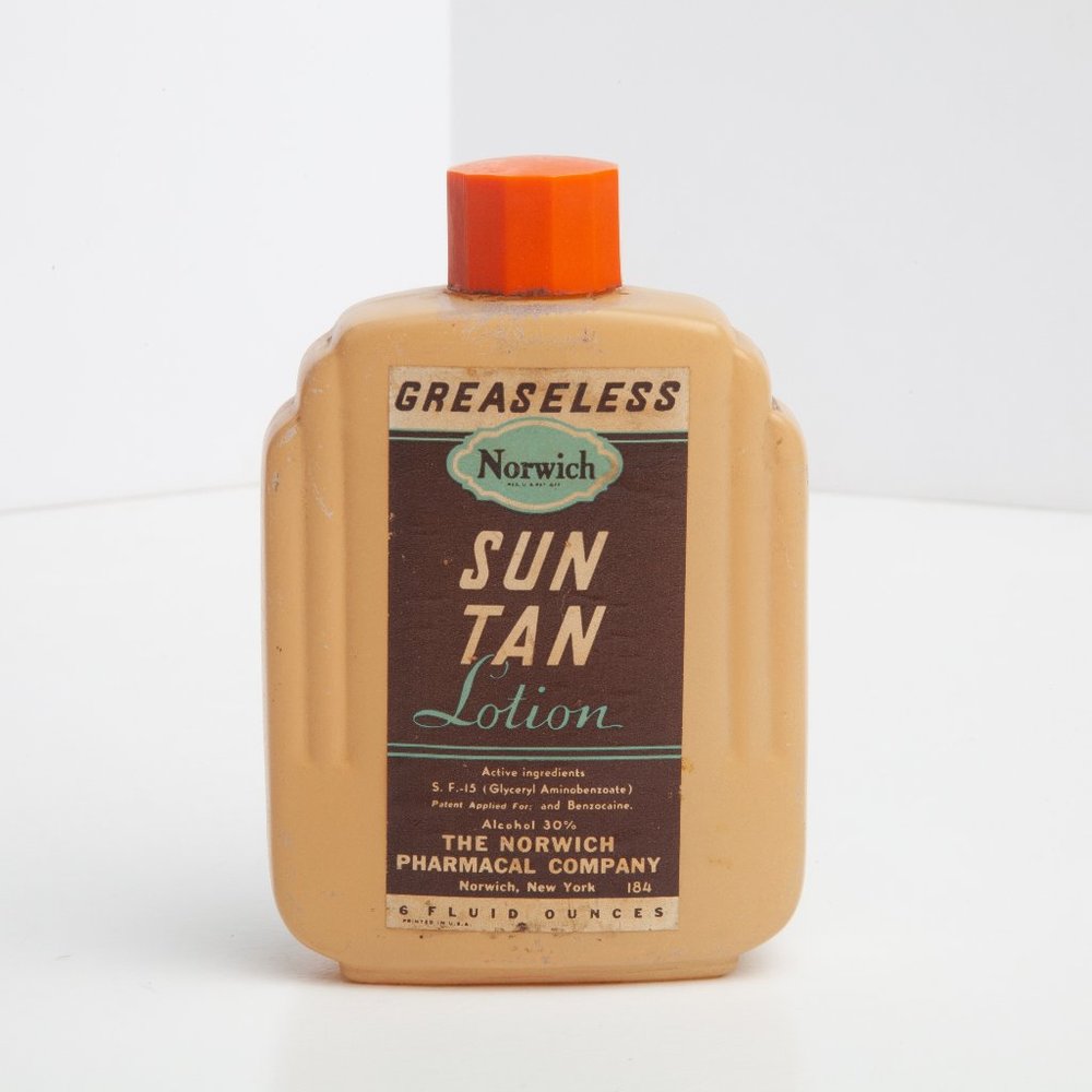Vintage MCM Glass Bottle  - Norwich Greaseless Sun Tan Lotion - Apothecary Beach